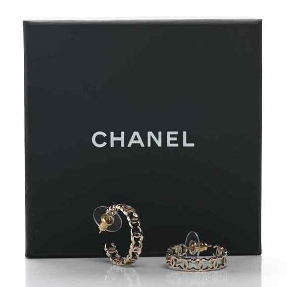 Chanel 21A Gold Metal Interlocking CC Logo Dangle Drop Statement Hoop Earrings - Picture 4 of 12